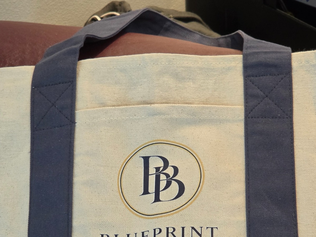 Blueprint Bureau navy and cream tote bag
