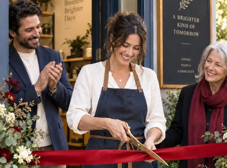 Future business owner at a grand opening with a red ribbon
