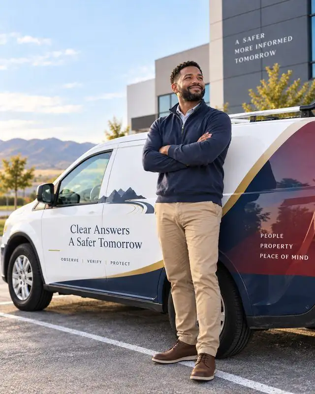 Future business owner standing beside a branded service vehicle