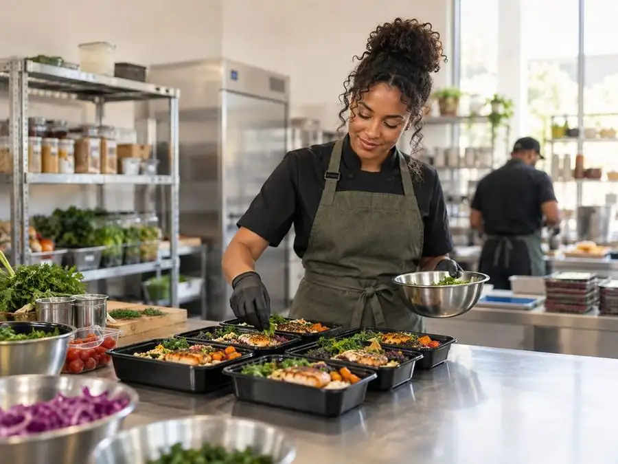 Founder preparing meals in a modern commercial kitchen