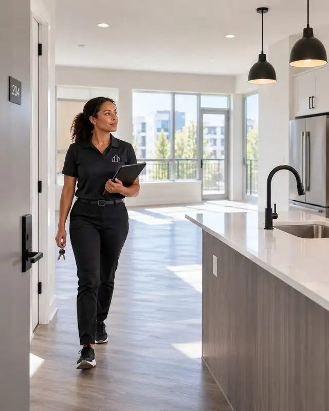 Property turnover coordinator inspecting a vacant apartment