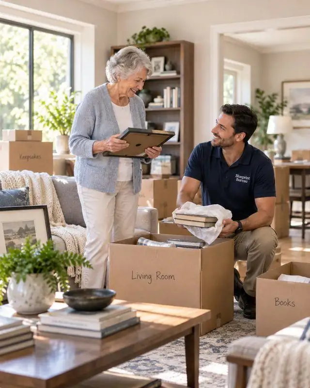Transition services professional helping an older client organize belongings during a move