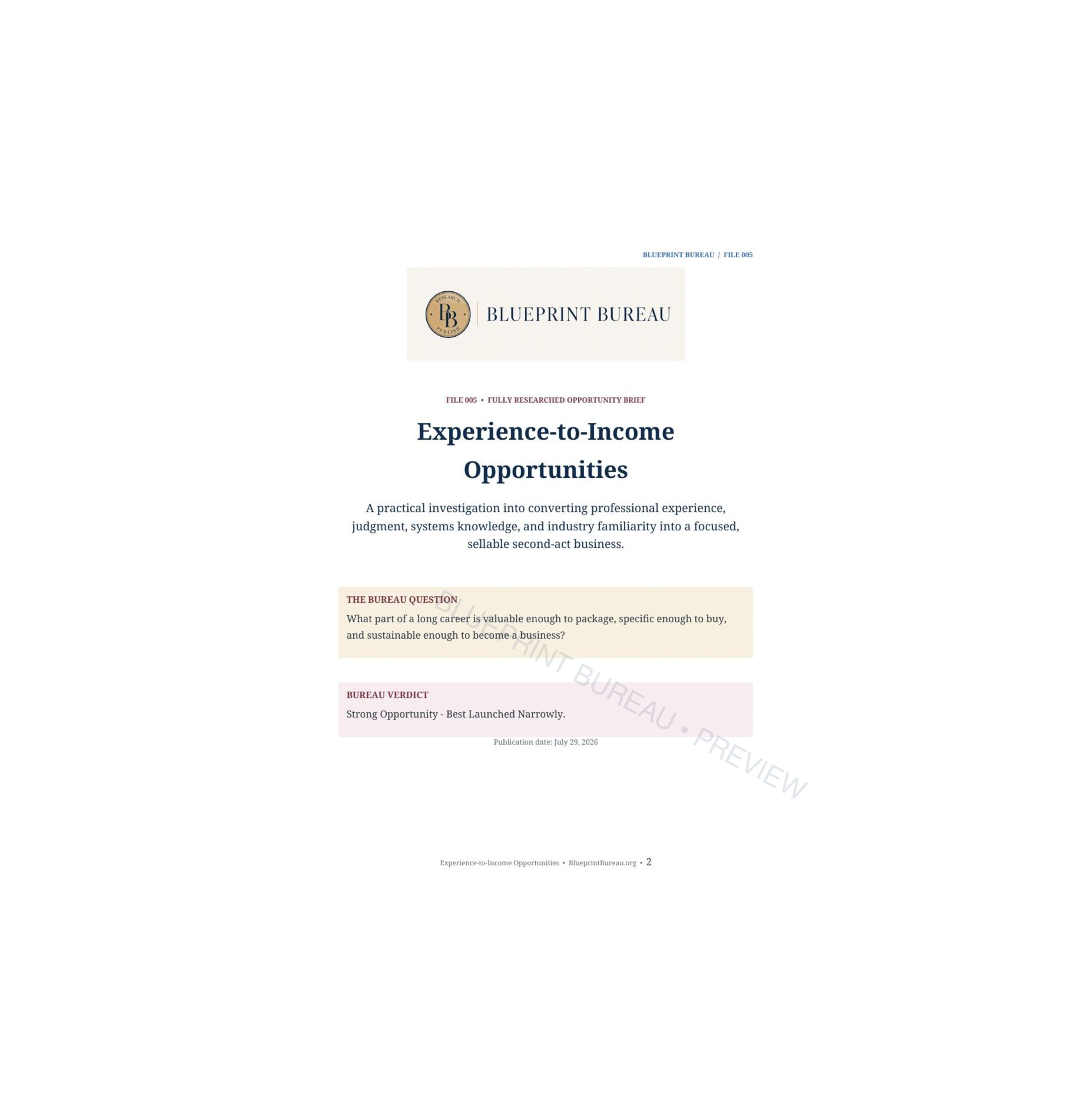 Experience-to-Income Opportunities preview page